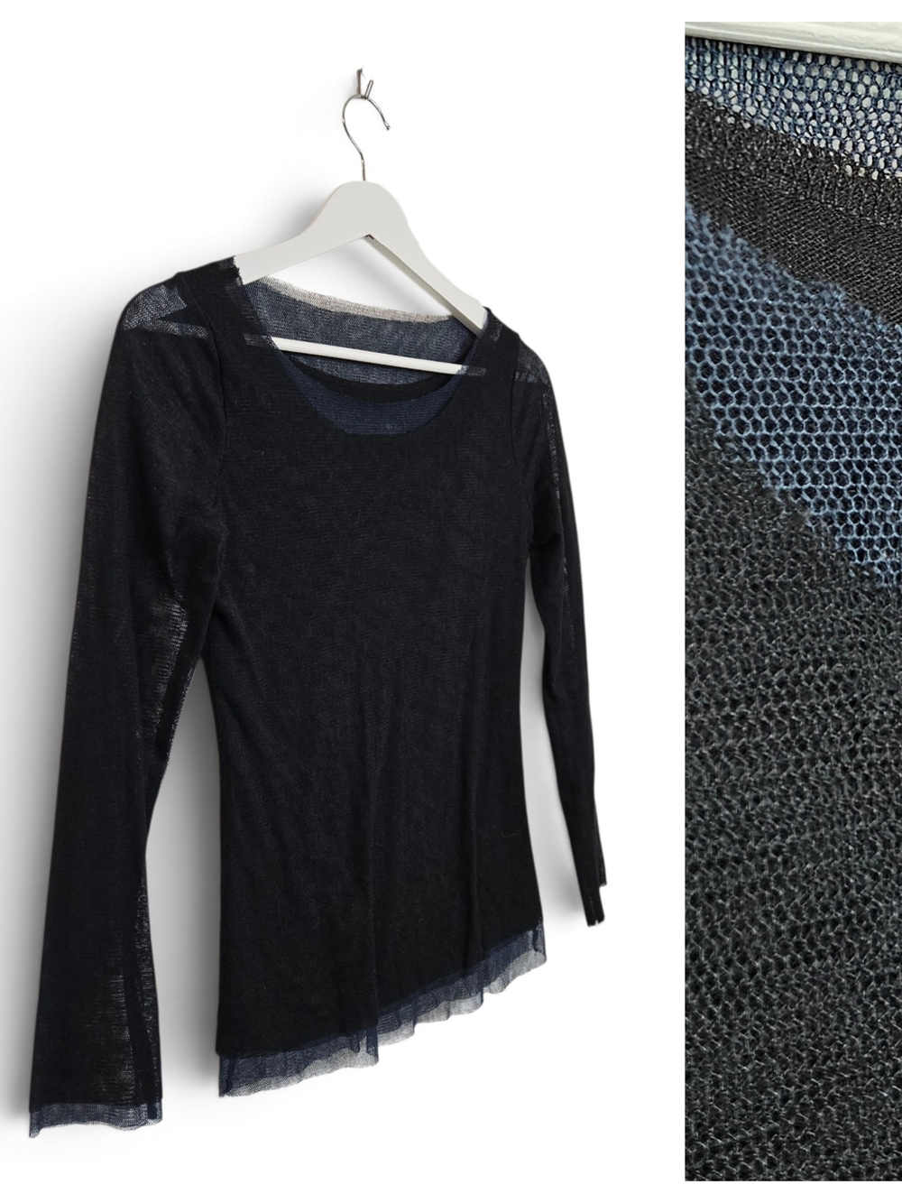 Porto San Francisco Sheer Mesh Top Size 1 Raw Edge Lagenlook Grunge Navy Blue Y2